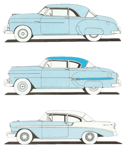 Chev styling changes over 6 years, the 1950 Styleline top, 1953 Bel Air in the middle, and 1956 Bel Air Hardtop Coupe